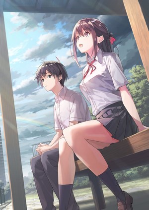 Anime boy and girl in school uniforms sitting on a bench