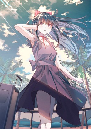 Anime girl with dark hair and red bow, holding suitcase
