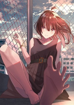 Anime girl with brown hair and dress sitting by fence
