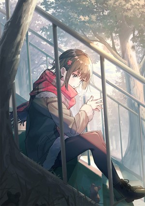 Anime girl with short brown hair and red scarf on stairs