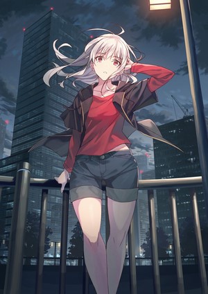 Anime girl with silver hair and red eyes at night