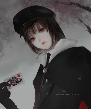 Anime Girl with Red Eyes Holding a Playing Card