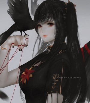 Anime girl with black hair and red eyes holding a bird