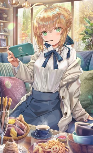 Saber from Fate Series playing Nintendo Switch