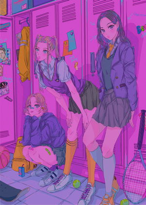 Anime girls in school uniforms by lockers