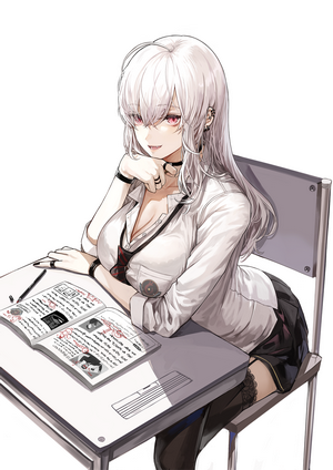 Girl with silver hair and violet eyes at a desk
