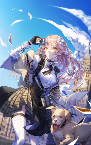 Anime girl with dog and camera in front of Big Ben