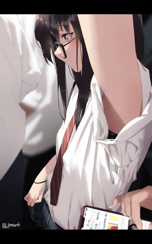 Anime girl with glasses in school uniform holding phone