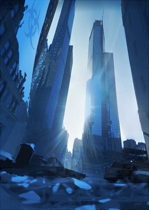 Post-apocalyptic cityscape with biohazard symbol