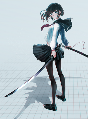 Anime girl in school uniform with two swords
