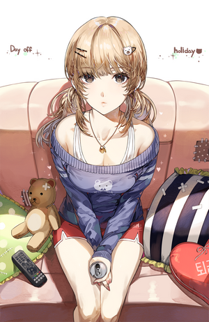 Anime girl with blonde pigtails on a couch