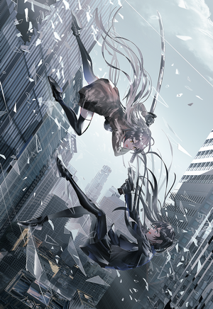Two anime girls with swords falling through a city