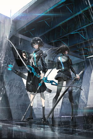 Two anime girls with weapons in the rain