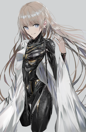 Cyborg woman with blonde hair and blue eyes
