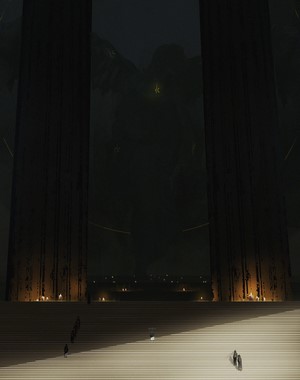 Giant figure in a dark hall with people on stairs