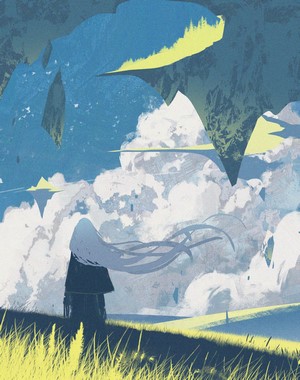 Anime girl with long hair and floating islands