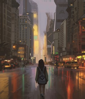 Girl walking down a rainy city street at dusk