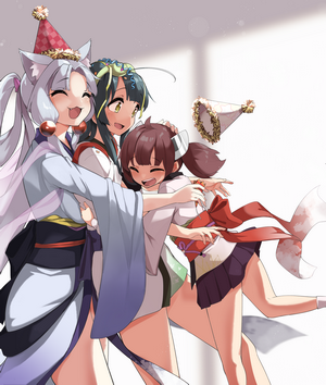 Anime girls in Japanese clothes celebrating with party hats