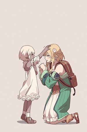 Kneeling Blonde and Cute Little Girl Anime Scene