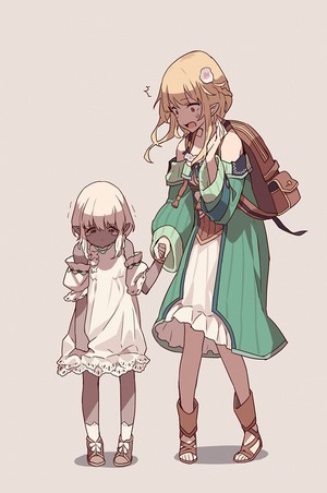 Two anime girls with pointy ears holding hands