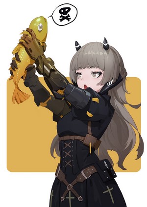 Anime girl with horns holding a fish