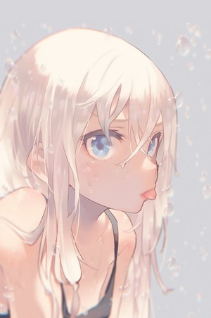 Anime girl with silver hair and blue eyes sticking out tongue