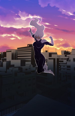 Black Cat jumping over a city at sunset