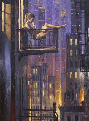 Woman reading on a balcony in the rain at night