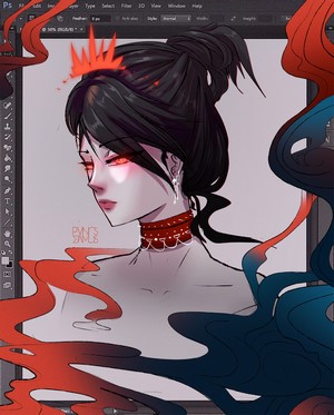 Fantasy art of a woman with dark hair and red crown