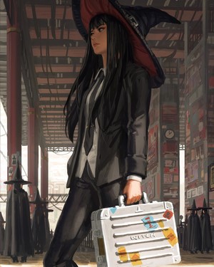 Witch in a suit carrying a briefcase