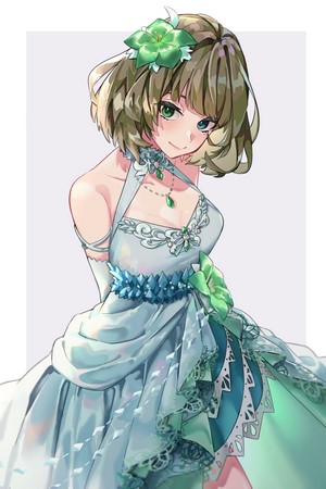 Kaede Takagaki in a white and blue dress