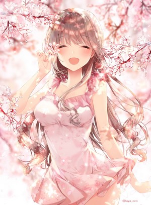 Smiling Anime Girl in Cherry Blossom Dress
