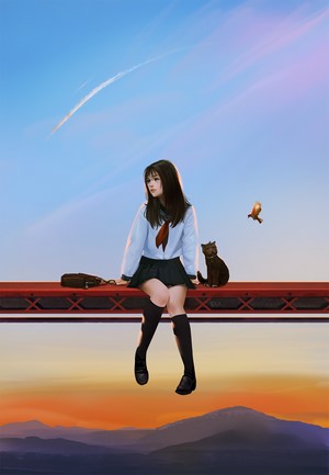 Girl in school uniform with cat and bird