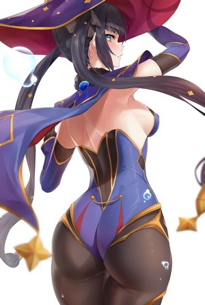 Mona from Genshin Impact in a witch outfit