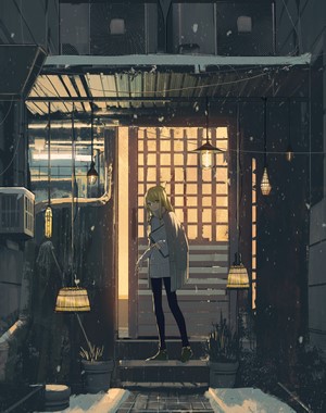 Anime girl standing in doorway at night
