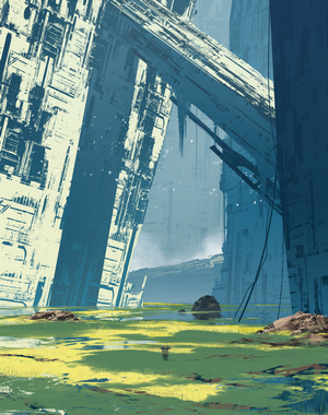 Futuristic Cityscape with Overgrown Wetlands