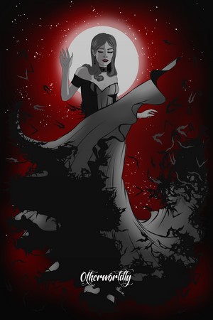 Woman in black dress with bats and moon