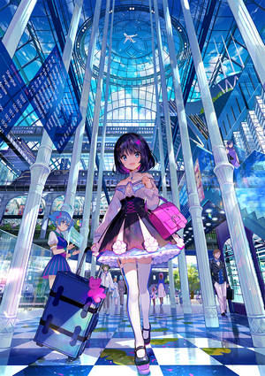 Anime girl with suitcase in airport terminal
