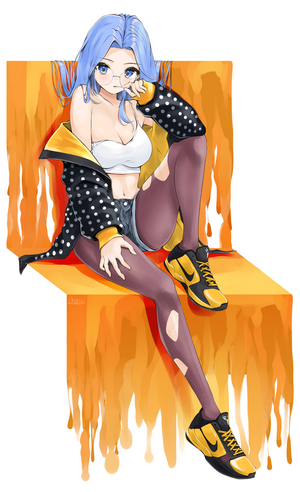 Anime girl with blue hair and glasses wearing an open jacket