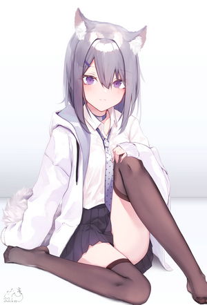 Anime girl with wolf ears and tail, school uniform