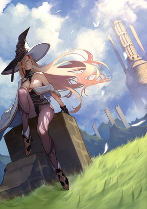 Blonde witch with long hair and witch hat
