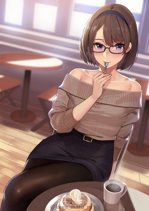 Anime girl with glasses eating cake at a cafe