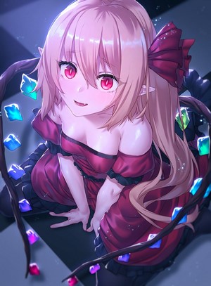 Flandre Scarlet from Touhou sitting with crystals
