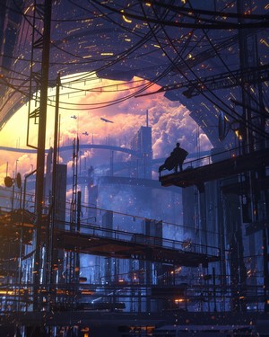 Futuristic city artwork with glowing lights and clouds
