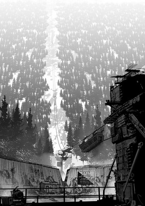 Monochrome artwork of a cable car over a forest