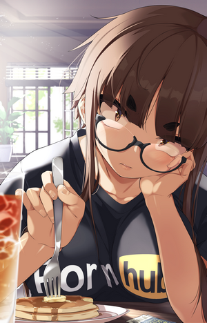 Anime girl with glasses eating pancakes