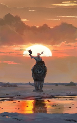 Man riding a lion with a falcon at sunset