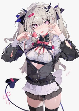 Anime girl with silver twintails and purple eyes