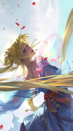 Sailor Moon in a blue dress with flowing hair