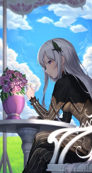 Echidna from Re:Zero Kara Hajimeru Isekai Seikatsu drinking tea